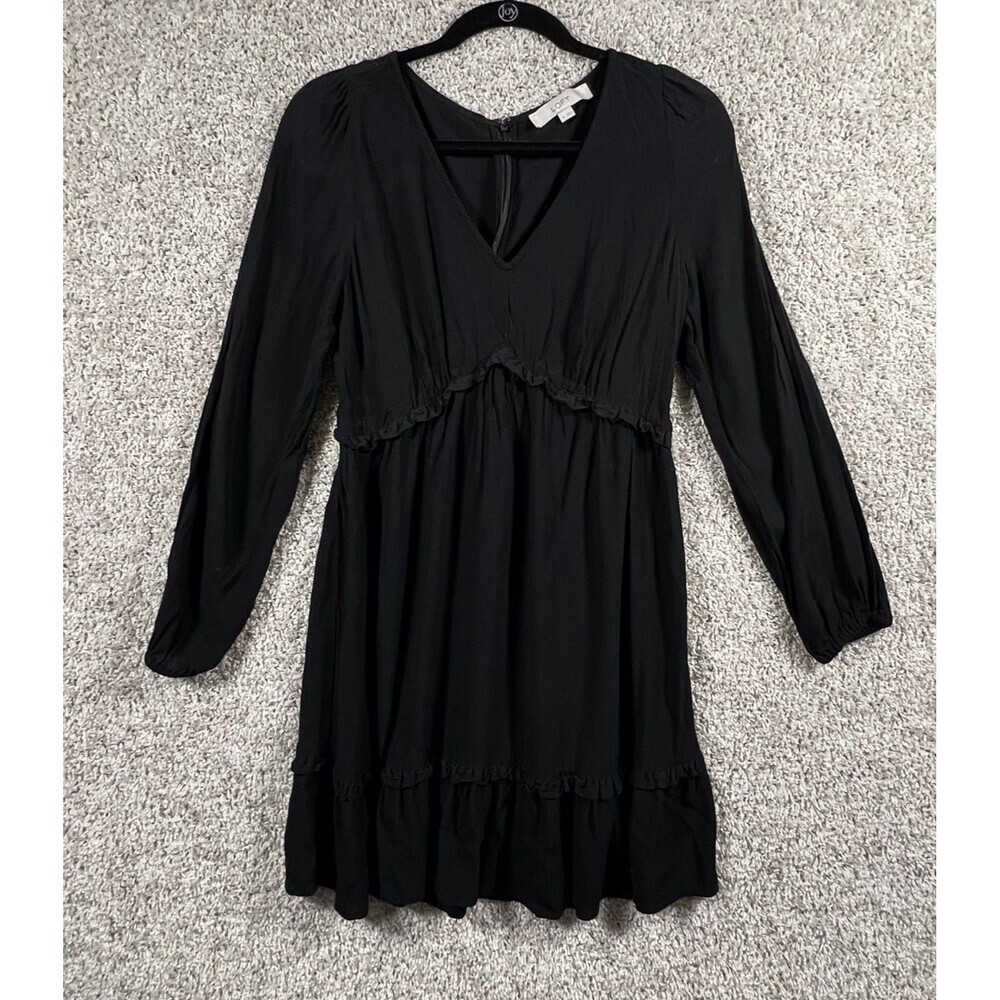 LOFT Black Ruffle Hem Mini Dress Womens Size 8 Boho Rayon